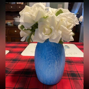 Blue Ceramic Vase 7.5 Inch Painted White Wax‎ Farmhouse Grannycore Cottagecore